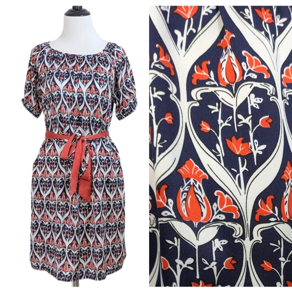 JoyJoy Art Nouvea Floral Tie Dress - Blue, Orange, & White - Size Small Womens - Picture 1 of 8